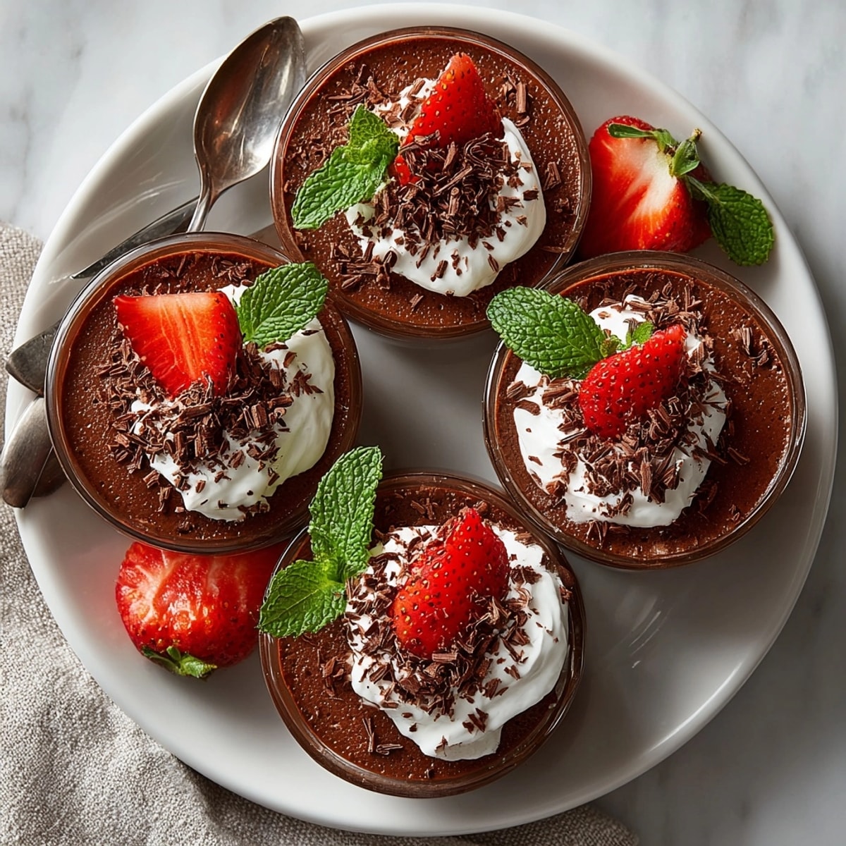 Rich and creamy chocolate avocado mousse cups, chilled and ready as a vegan, gluten-free dessert.