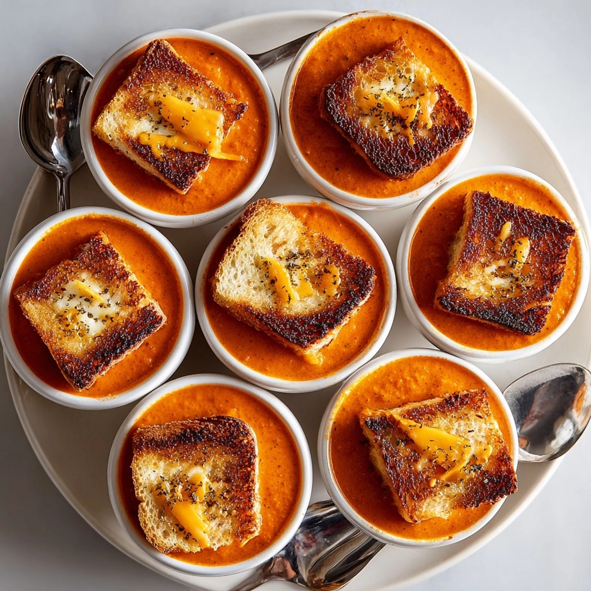 Mini grilled cheese sandwiches resting on shooter glasses of creamy tomato soup, ready to enjoy.