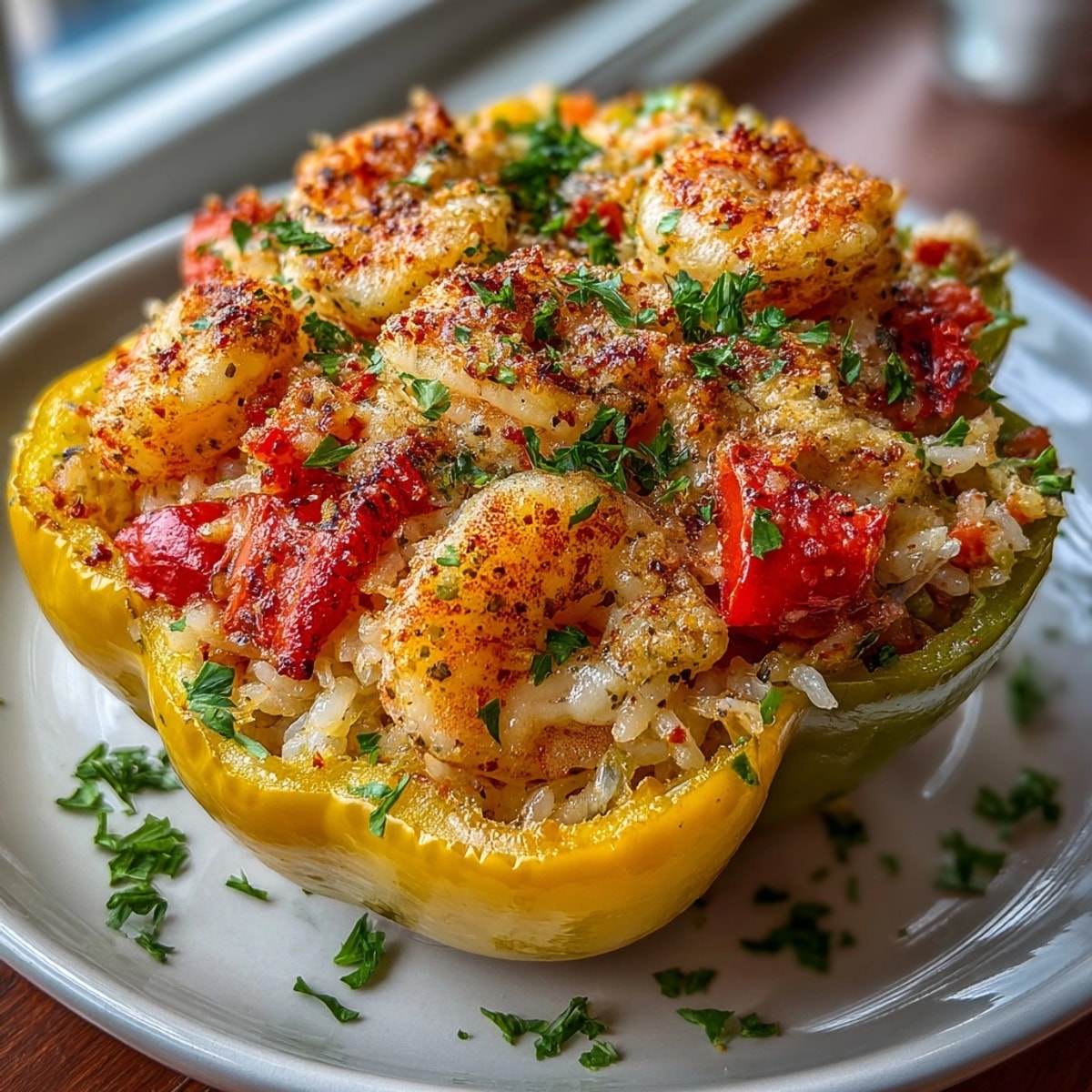 Shrimp and Rice Stuffed Peppers baked until golden, served hot on a rustic platter.