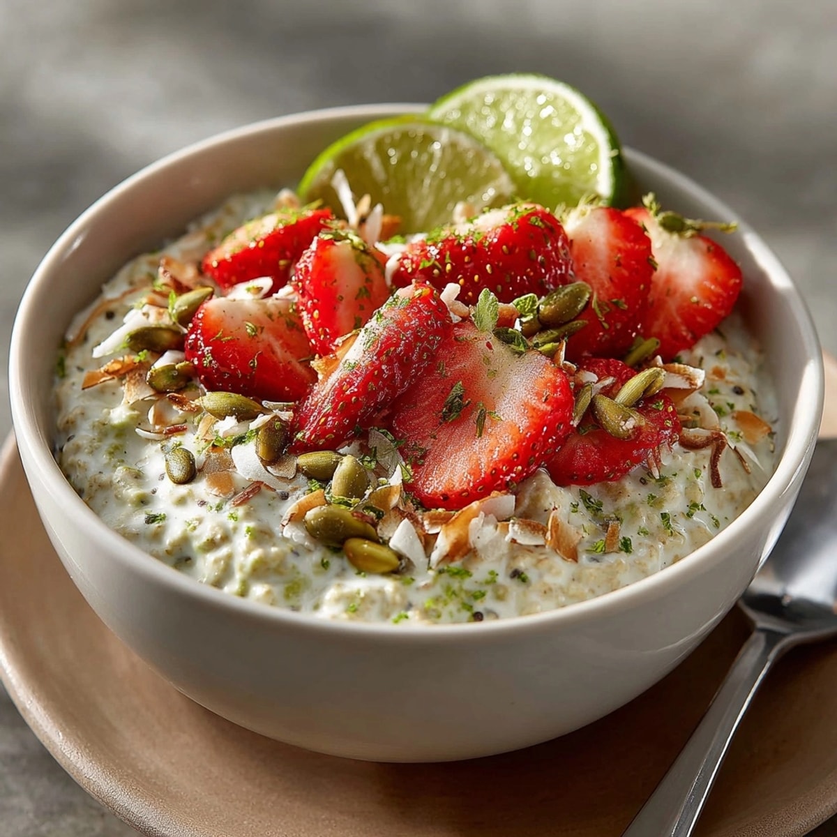 Avocado Lime Protein Overnight Oats topped with strawberries, coconut flakes, and fresh lime zest.