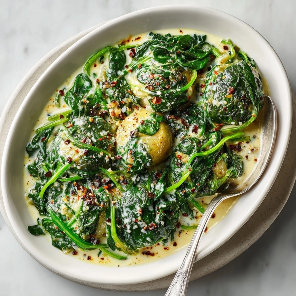 Close-up of creamed spinach with Parmesan, showing buttery sauce and tender fresh spinach leaves.