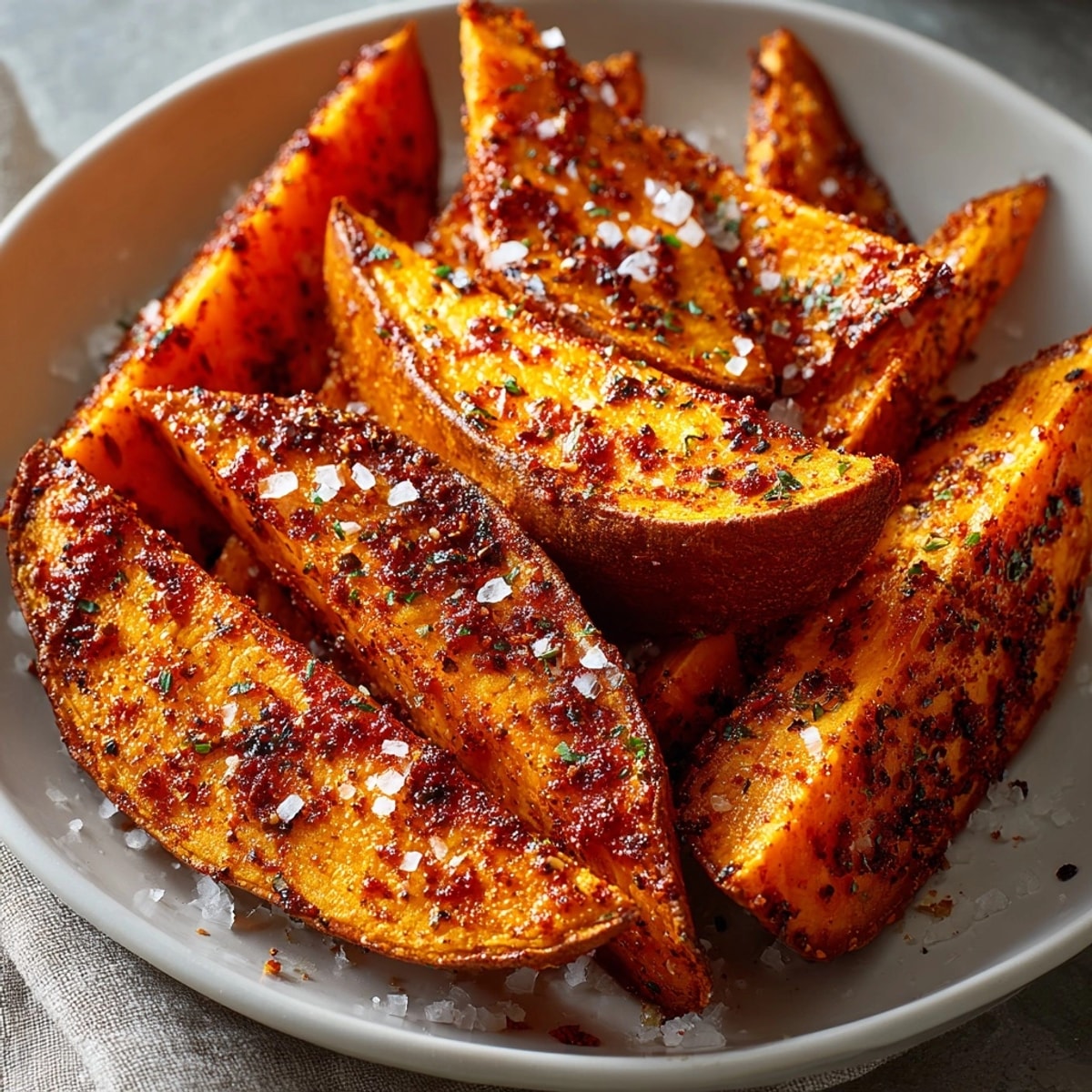Baked sweet potato wedges seasoned with smoky paprika, arranged on a parchment-lined baking sheet.