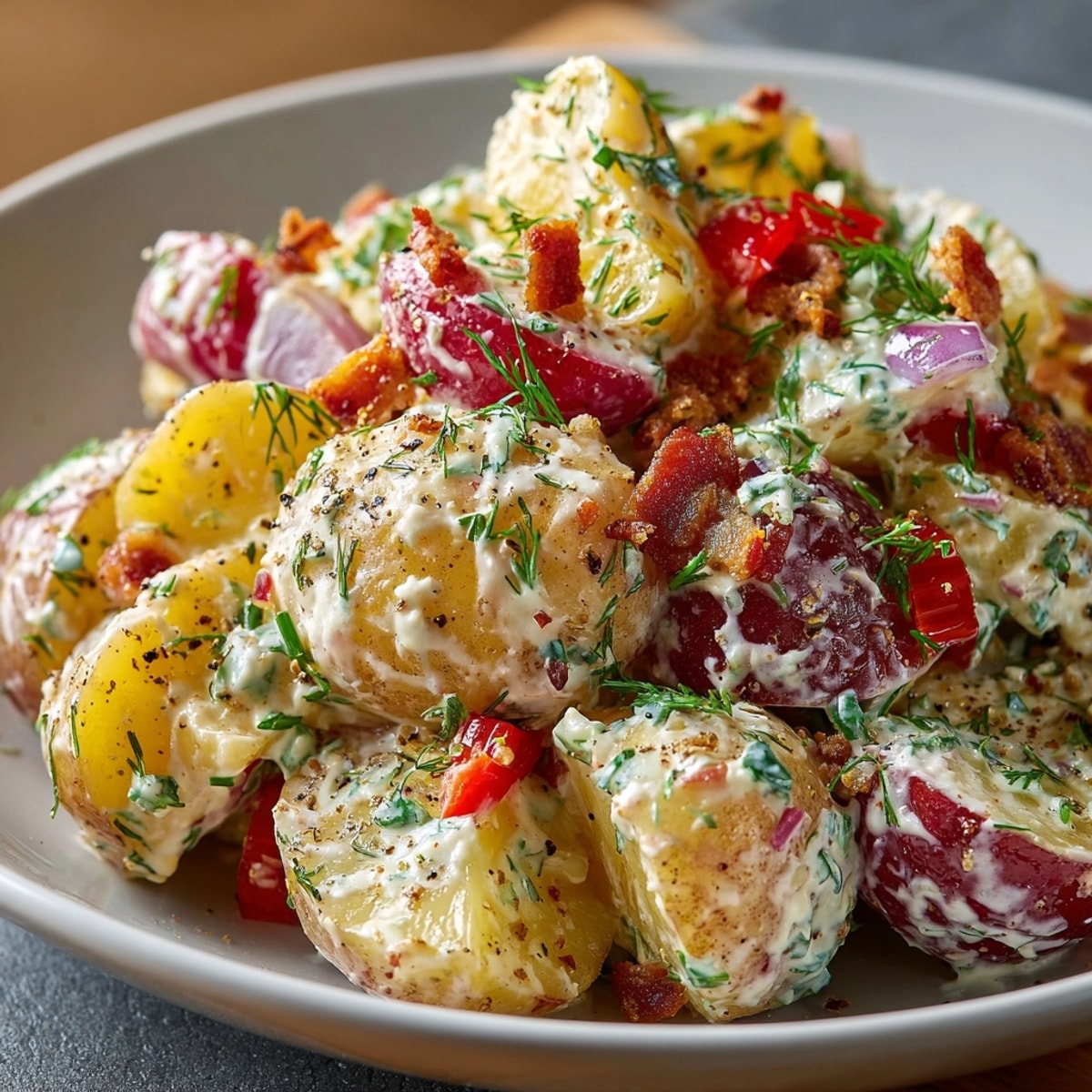 Ranch potato salad bursting with creamy dressing, fresh herbs, and colorful chopped vegetables.