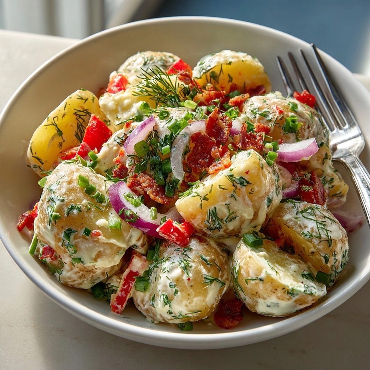Close-up of tangy ranch potato salad served chilled in a bowl, ready for summer picnics.