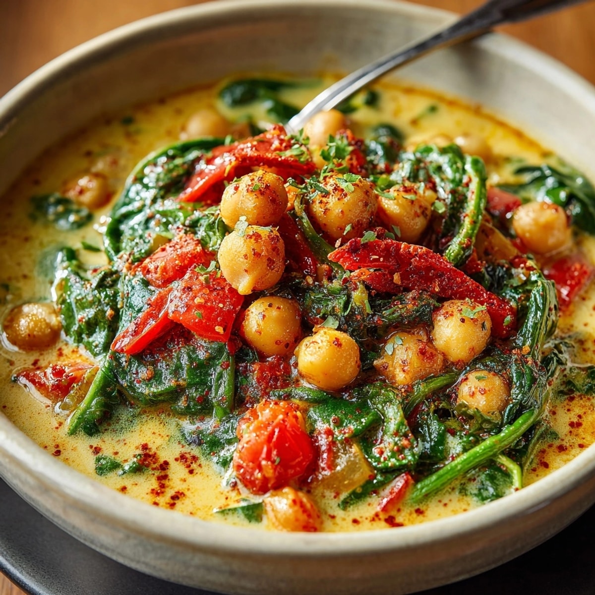Vibrant chickpea and spinach curry in a bowl, garnished with lemon, ready for dinner.