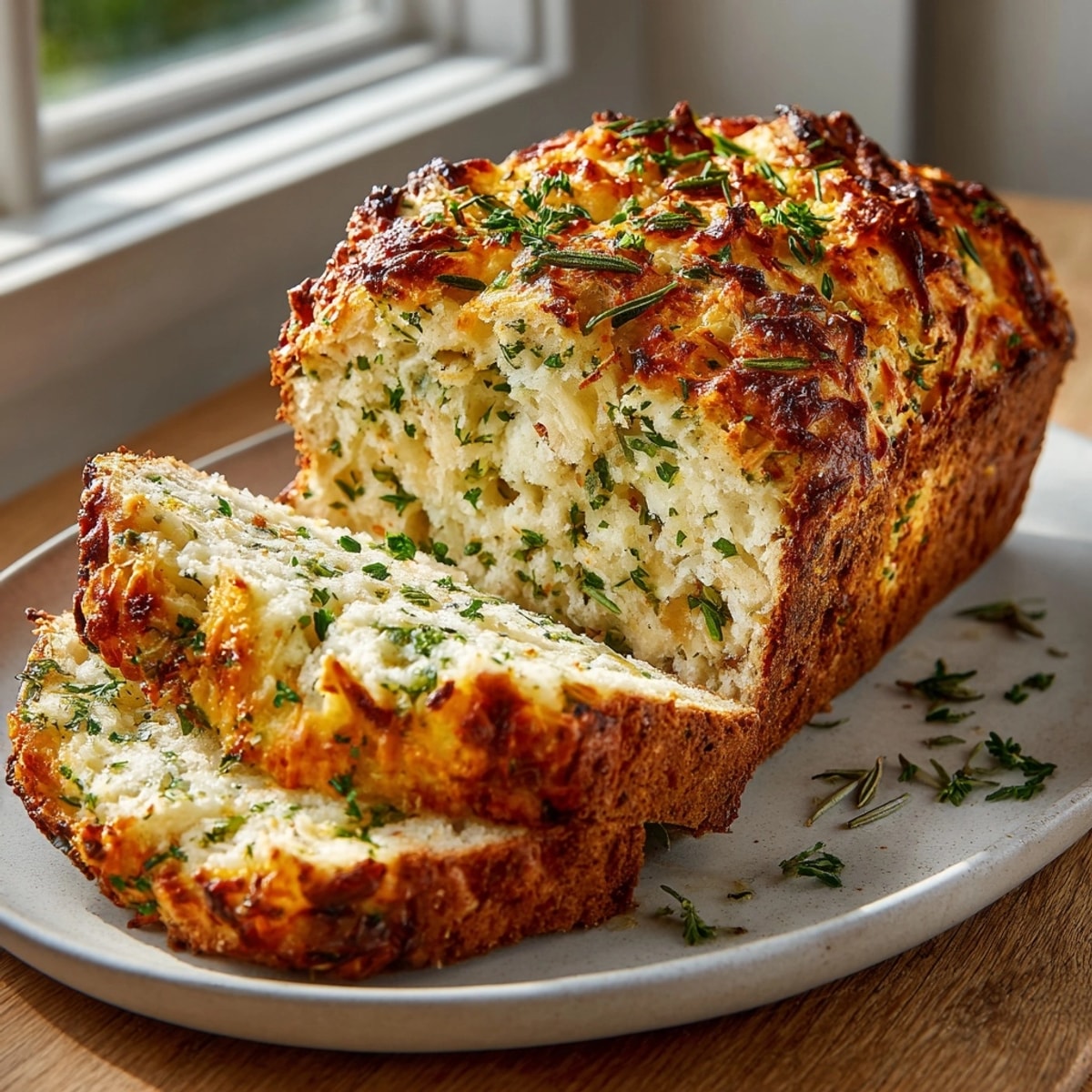 Golden Herb & Cheese Quick Bread sliced on a board, showing melty cheese and herbs.