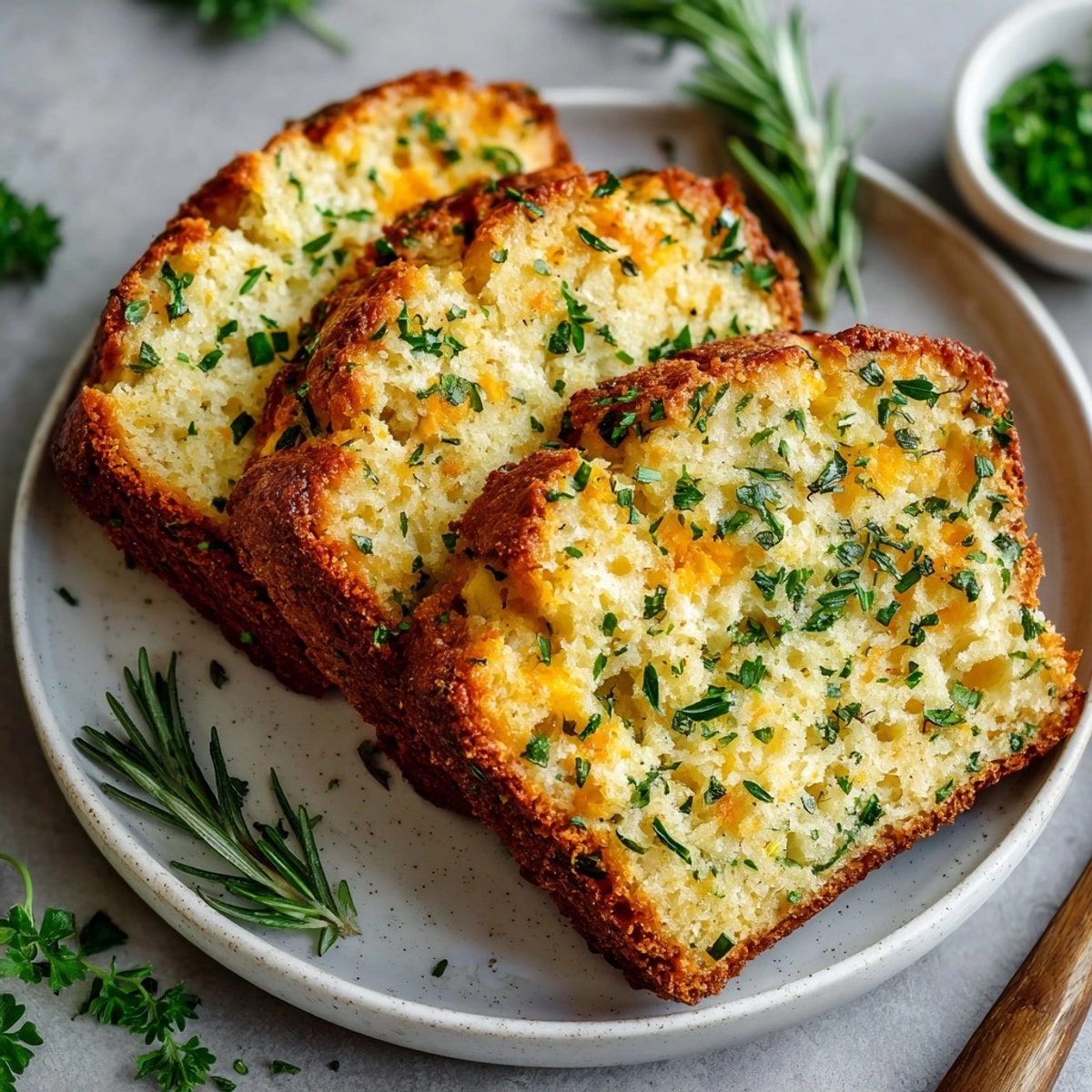 Herb &amp; Cheese Quick Bread served with soup, its crispy crust and fluffy interior visible.