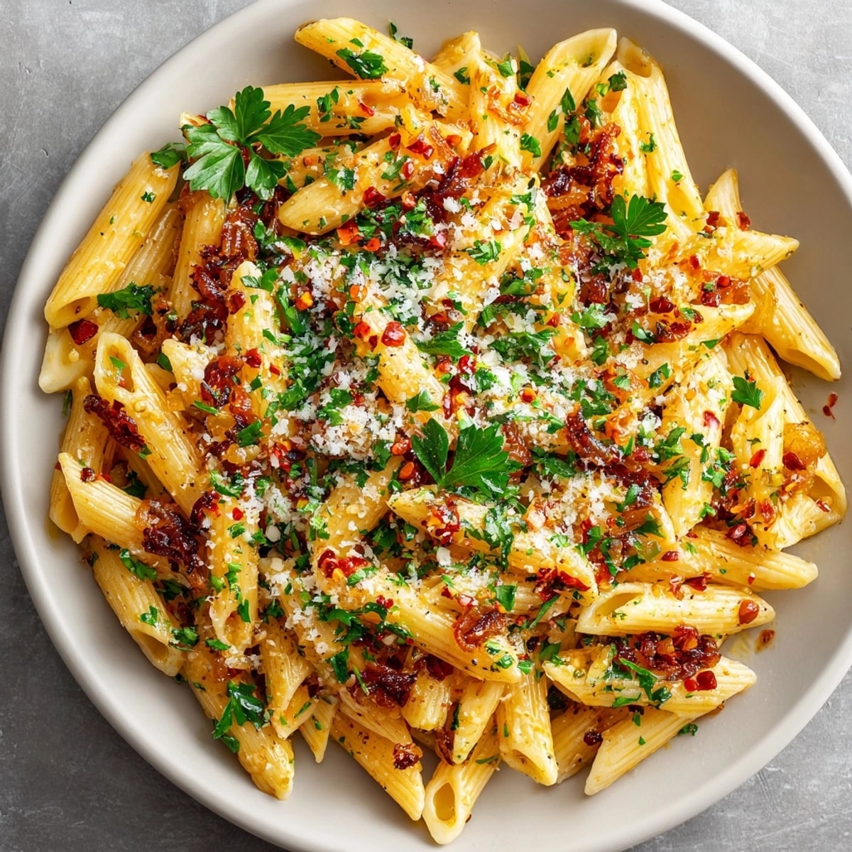 Close-up of rich caramelized onion pasta with chilli oil, perfect for weeknight comfort food.