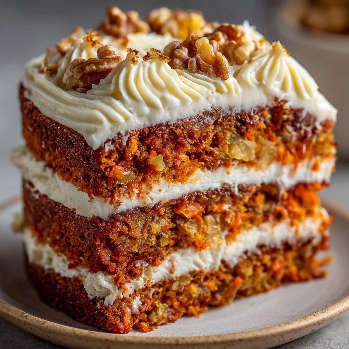 Hawaiian Pineapple Carrot Cream Cake sliced on a plate, topped with creamy frosting and walnuts.