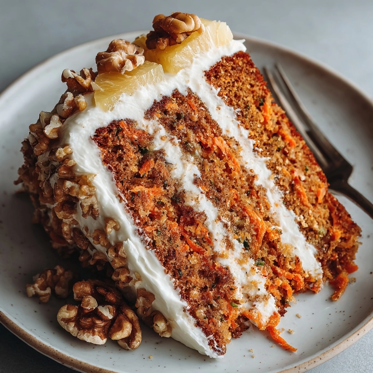 Close-up of moist Hawaiian Pineapple Carrot Cream Cake with visible carrot shreds and pineapple bits.