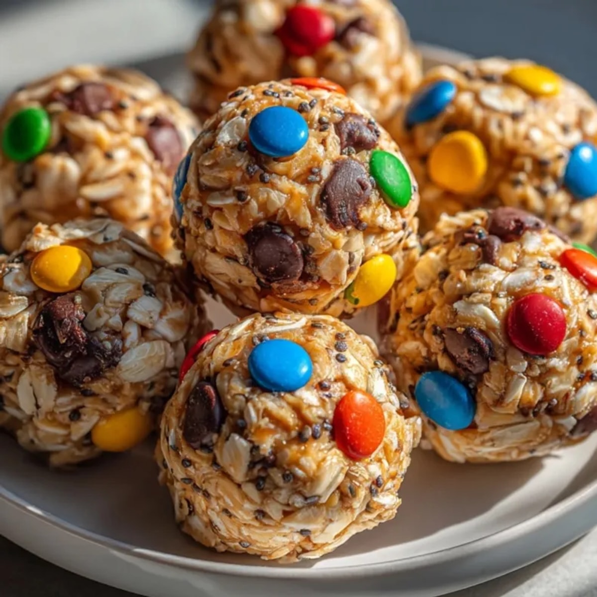 Close-up of colorful Monster Mash Protein Balls on parchment, ready for snacking.