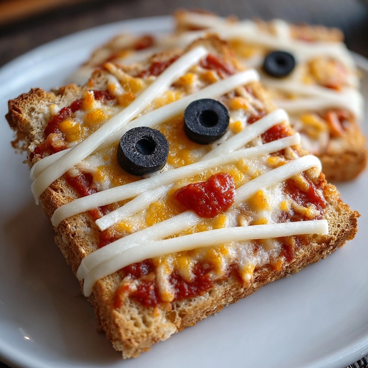 Golden Mummy French Bread Pizzas: melted mozzarella bandages and olive eyes peek out.