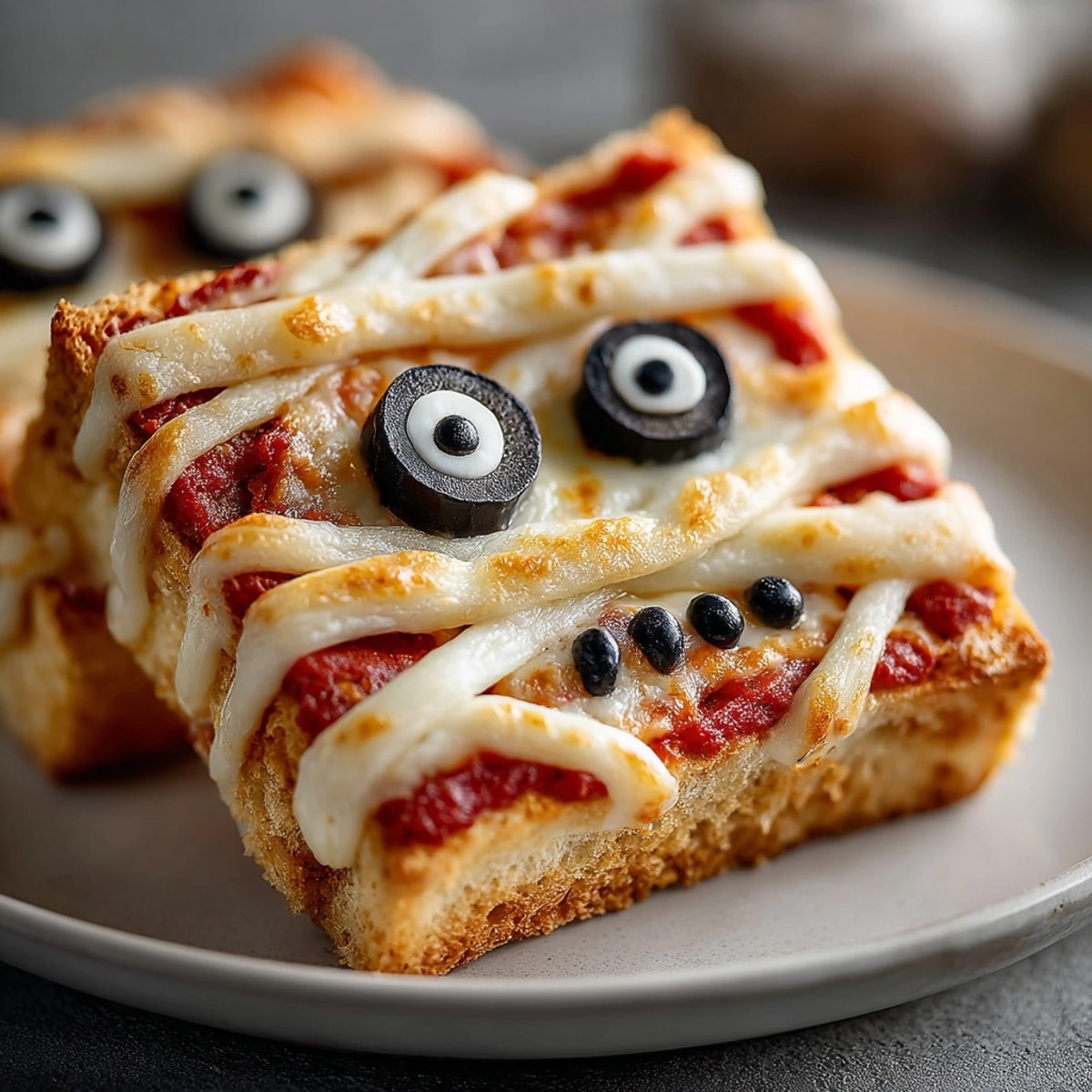 Kid-friendly Mummy French Bread Pizzas, baked to a crisp with bubbly cheese.