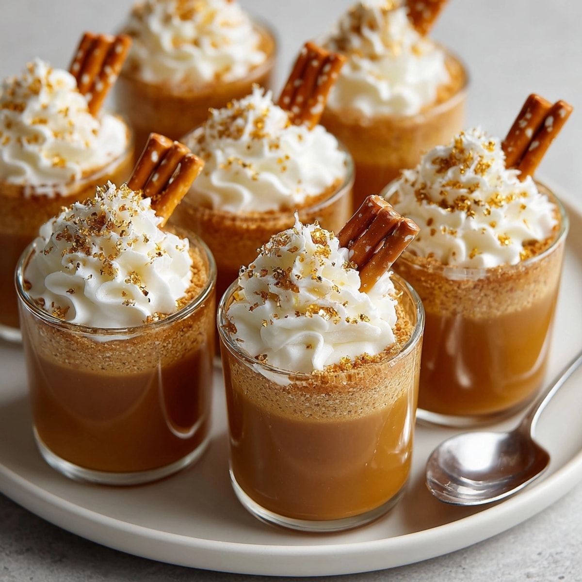 Boozy Butterscotch &quot;Potion&quot; Pudding Shots in shot glasses with whipped cream and gold sprinkles.