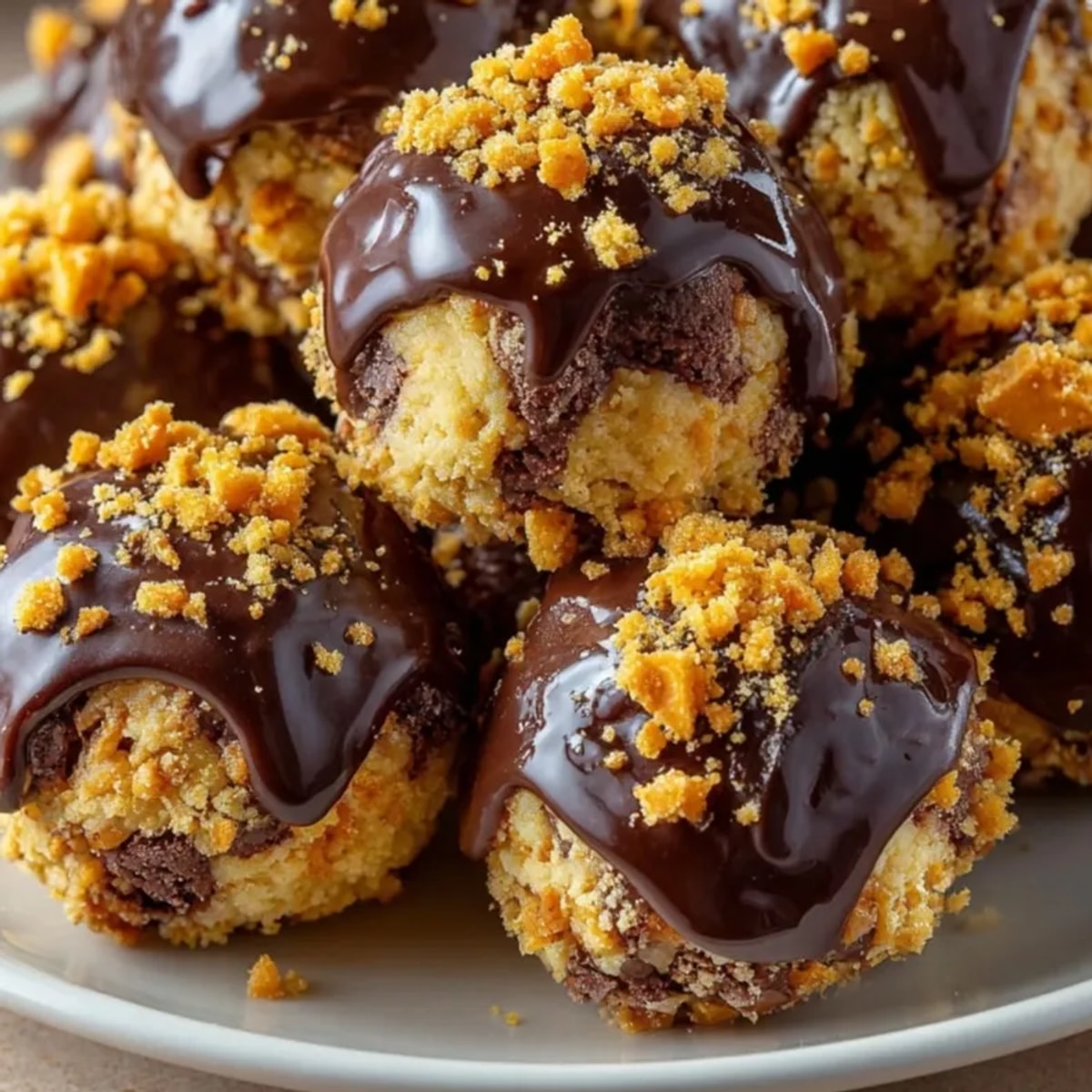 Creamy Butterfinger Cookie Balls dripping rich chocolate look ready to melt in your mouth.