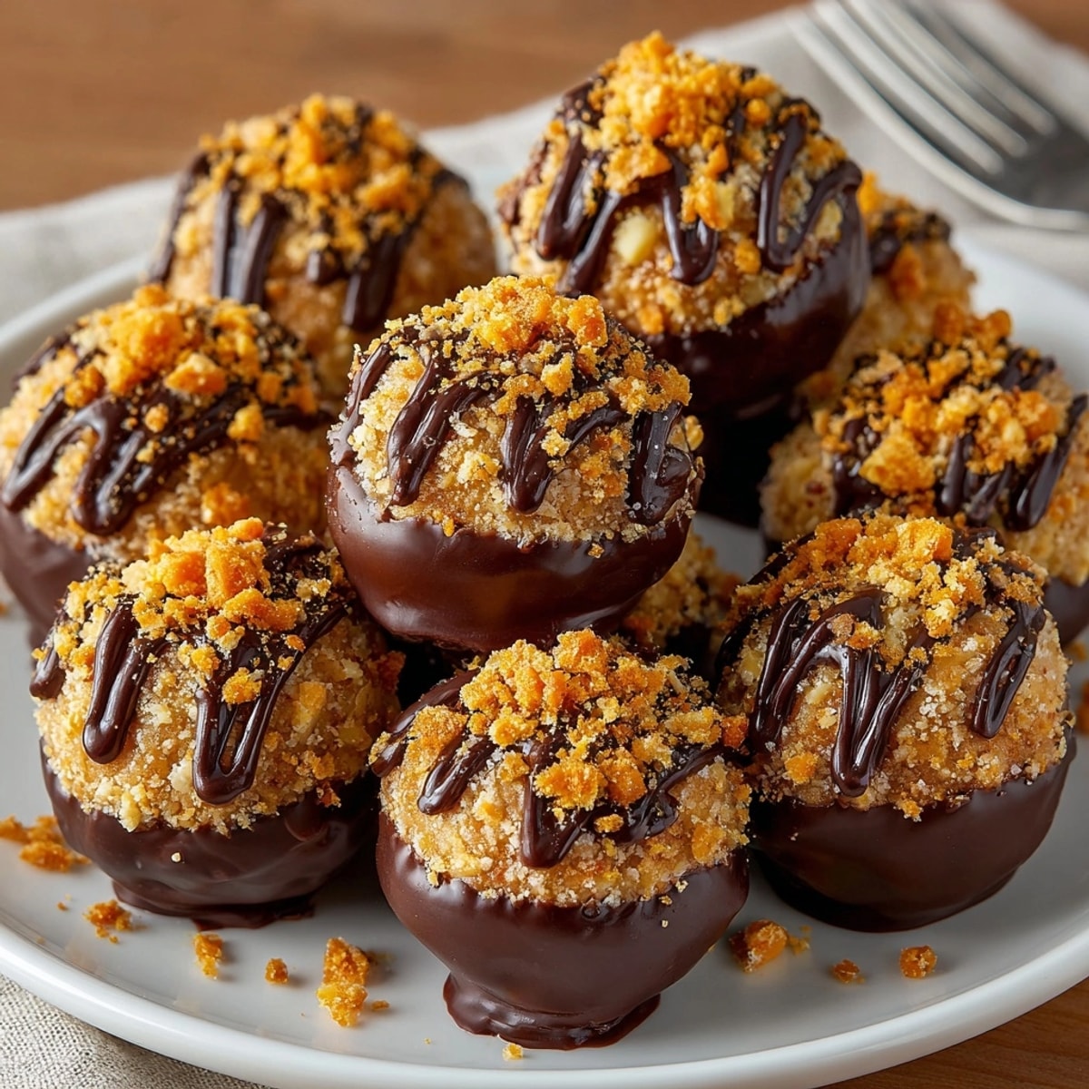 No-bake Butterfinger Cookie Balls: a close-up of the peanut butter crunch dessert.