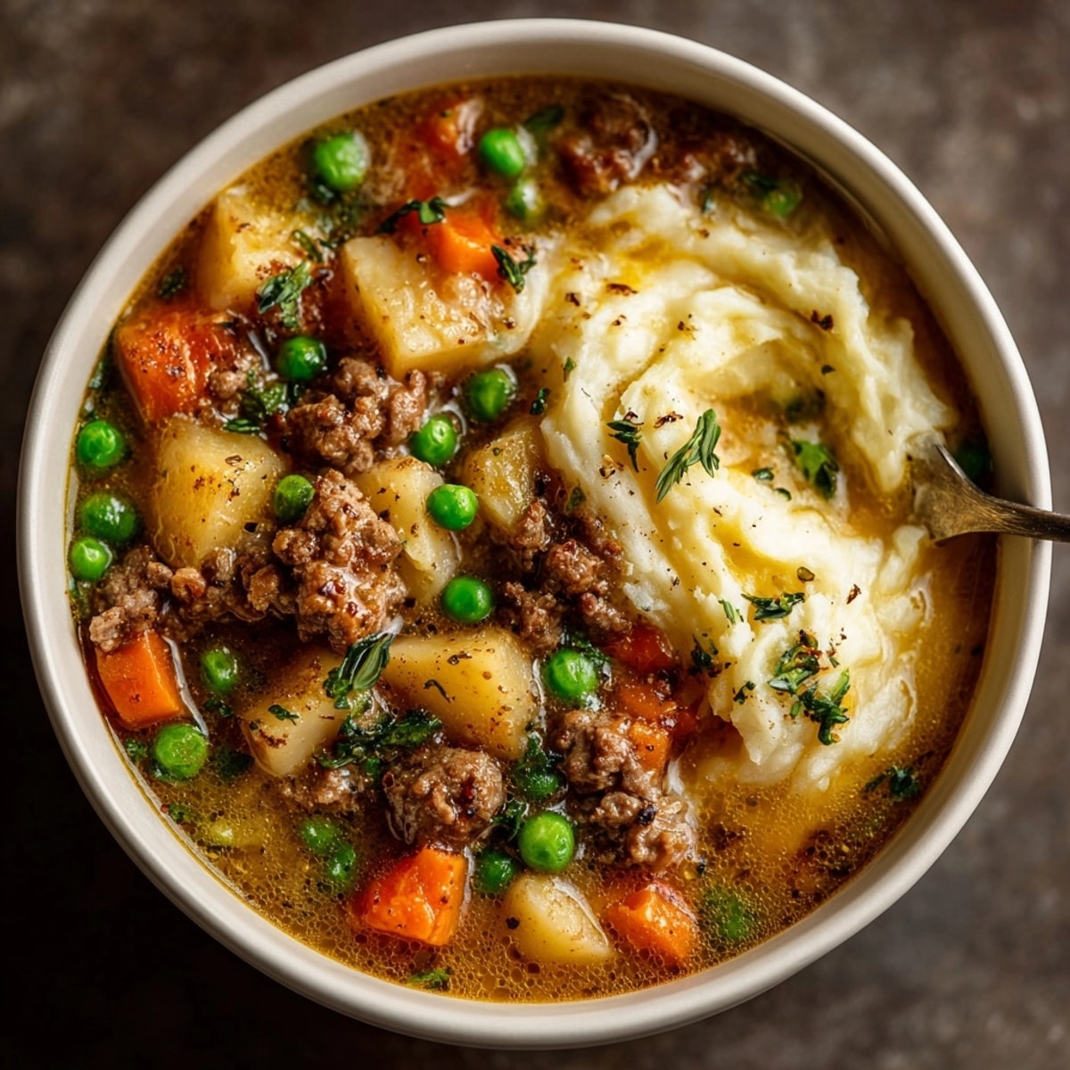 Close-up of rich and flavorful Shepherd's Pie Soup; a cozy family meal.