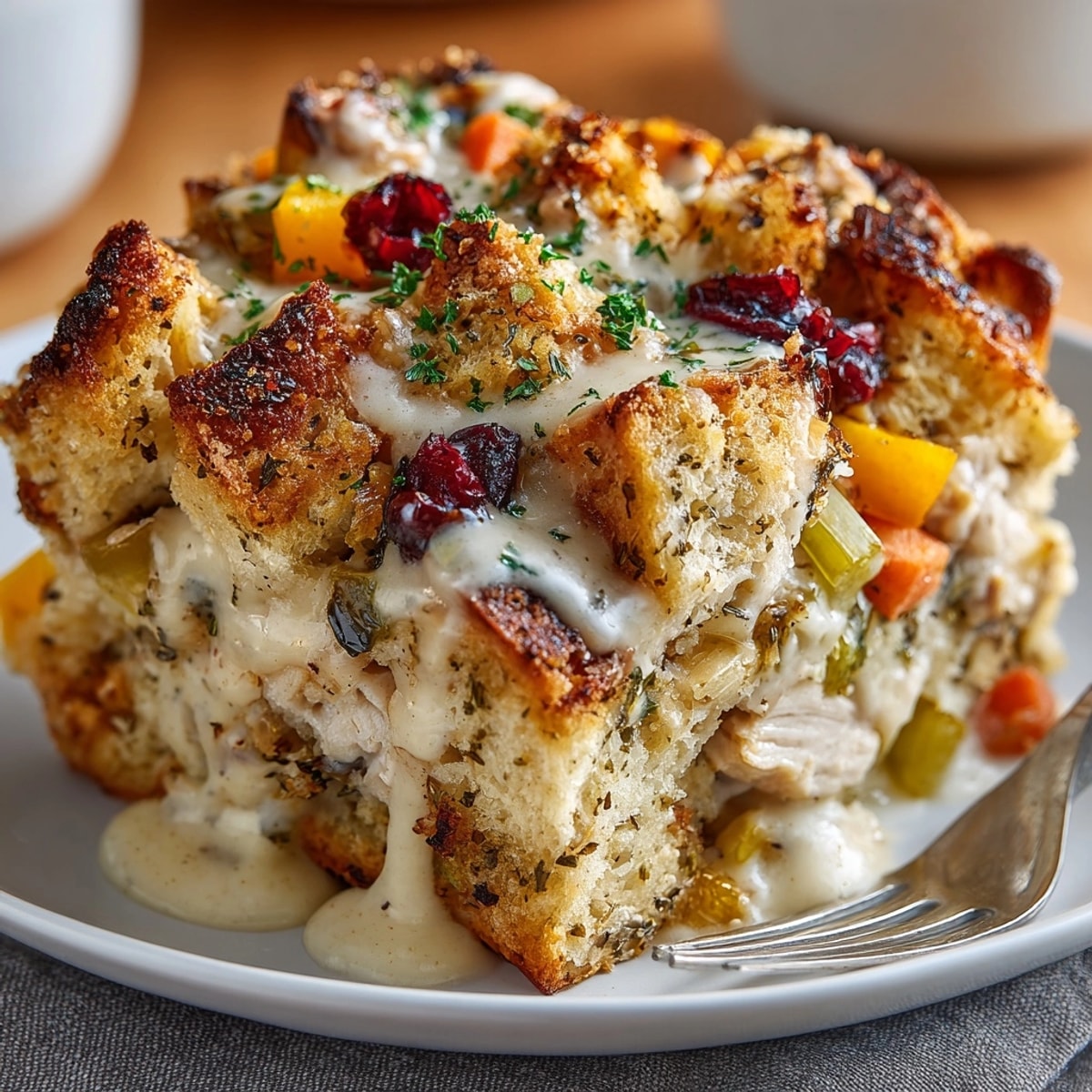 Golden brown Autumn Friendsgiving Potluck Casserole with a crisp stuffing topping, ready to serve.