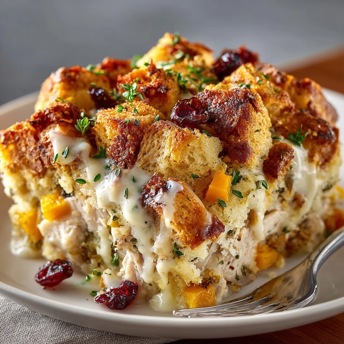 A warm and inviting Autumn Friendsgiving Potluck Casserole bursting with savory turkey and sweet cranberries.