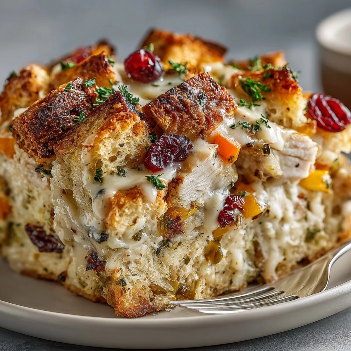 Close-up of a bubbly Autumn Friendsgiving Potluck Casserole showing the layers of vegetables and turkey.