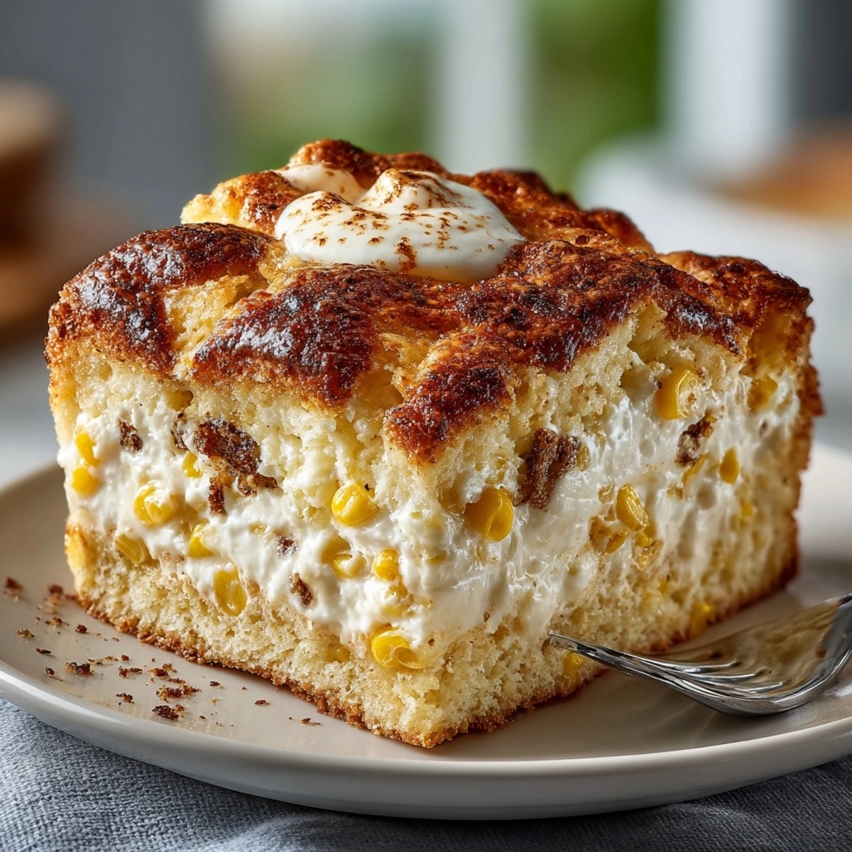 Close-up of the delicious Southern casserole, Jiffy Cornbread Pudding, with visible bits of corn inside.