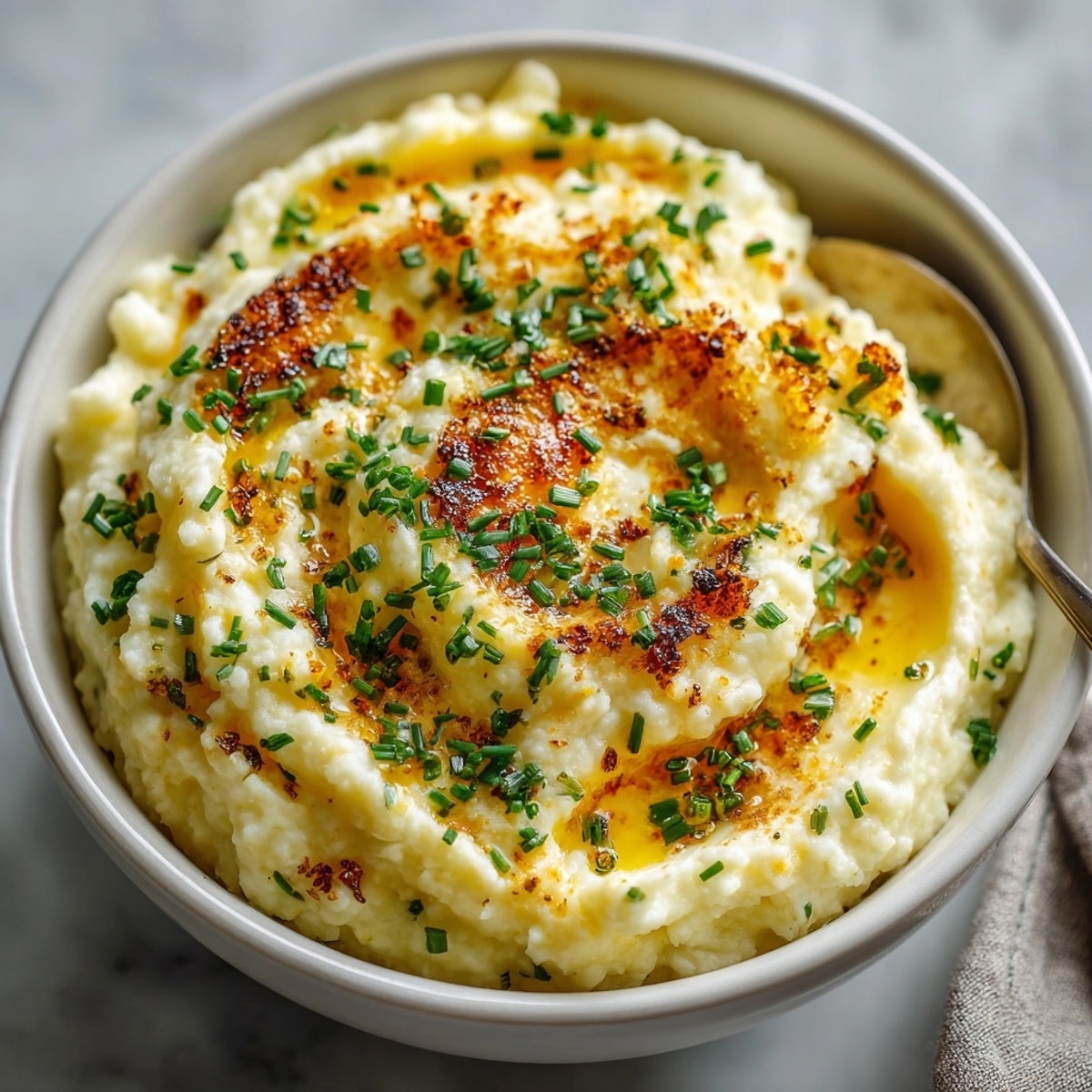 Creamy roasted garlic cauliflower mash, ready to serve—a comforting, healthy side dish.