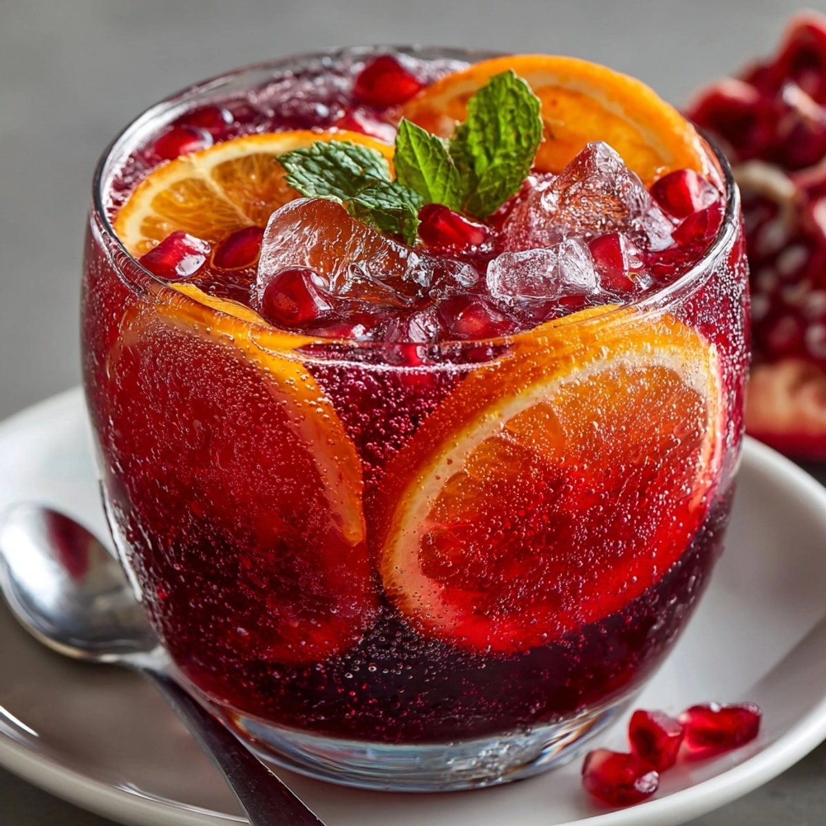 Festive Sparkling Pomegranate Punch: Vibrant red drink garnished with orange, mint, ready to serve.