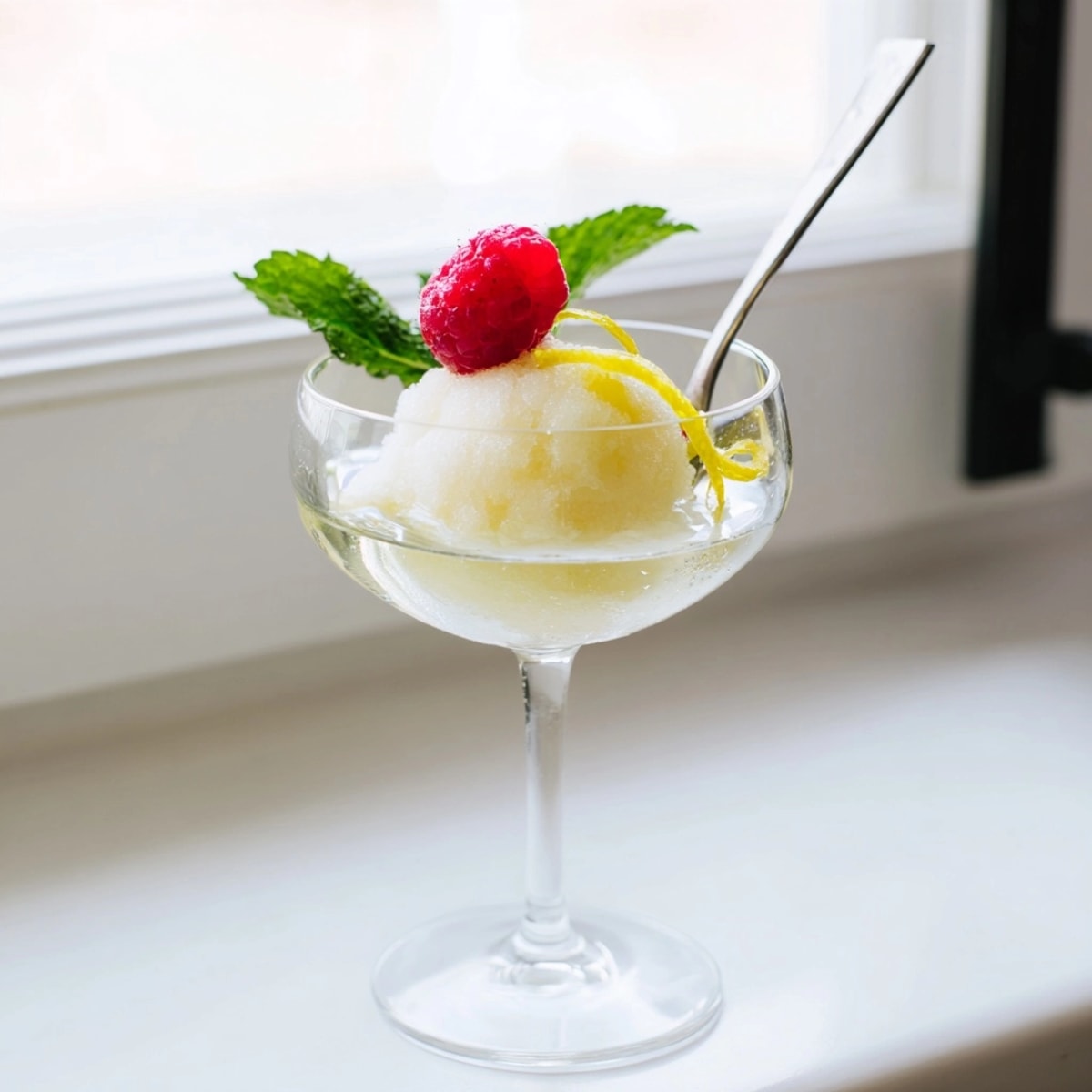 Elegant Prosecco Sorbet Float recipe: Tangy, icy sorbet meets crisp Prosecco in a flute.