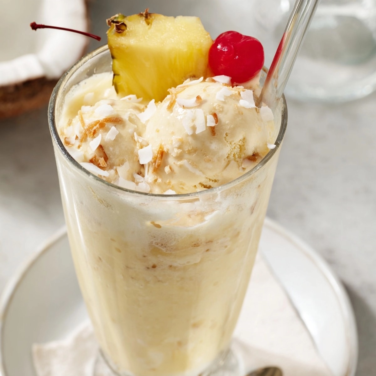 Creamy Pina Colada Float: Vanilla ice cream swimming in tropical pineapple and coconut goodness.