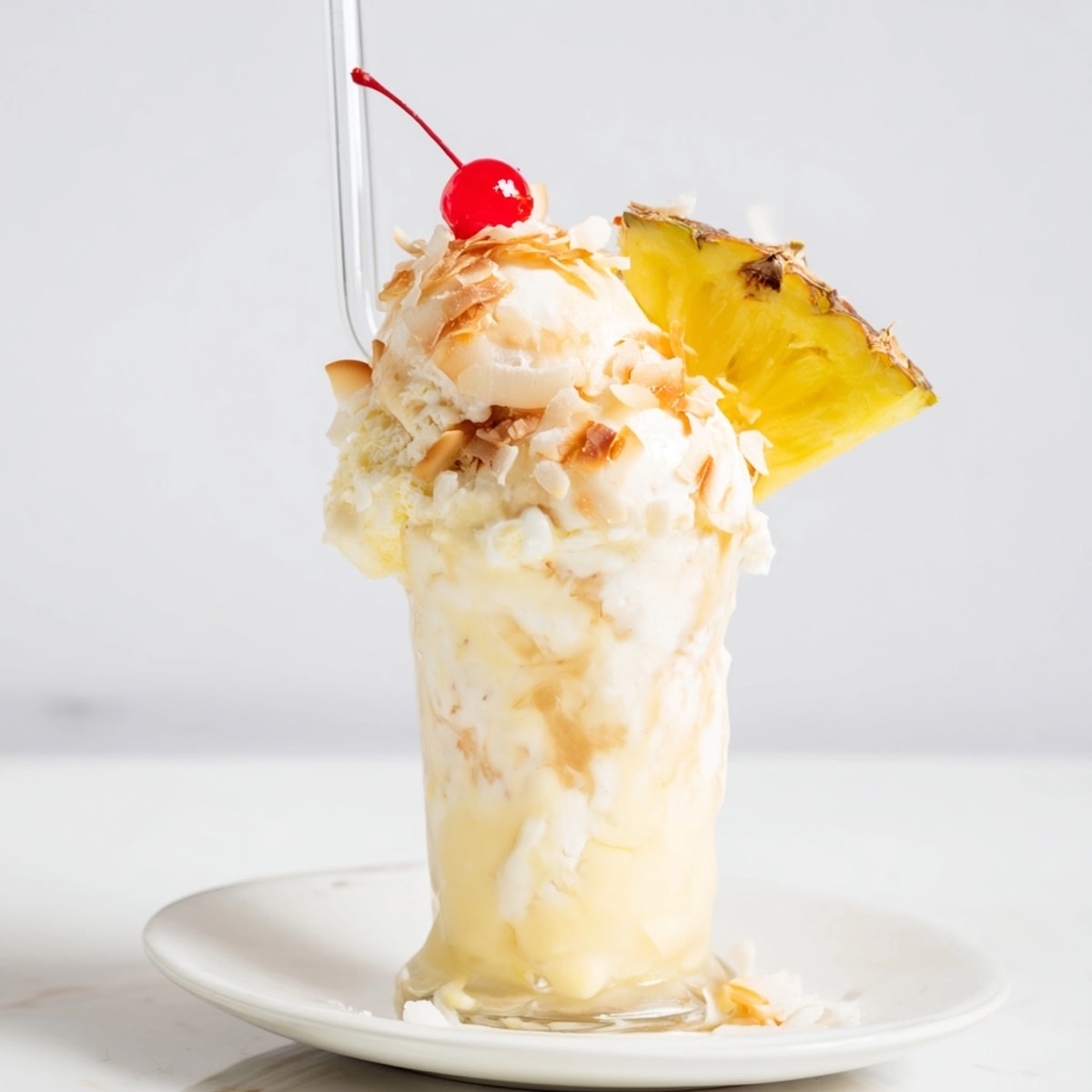Homemade Pina Colada Float, a refreshing, layered summer dessert blending drink and ice cream.