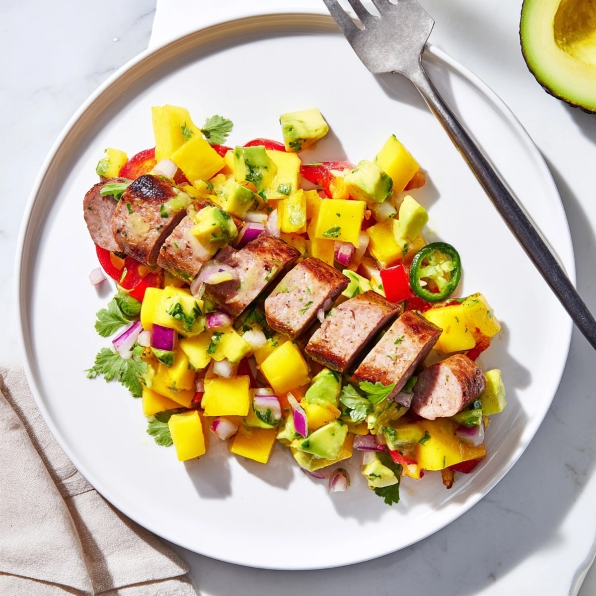 Freshly made Mango Avocado Salsa with Chicken Sausage, a colorful summer appetizer.