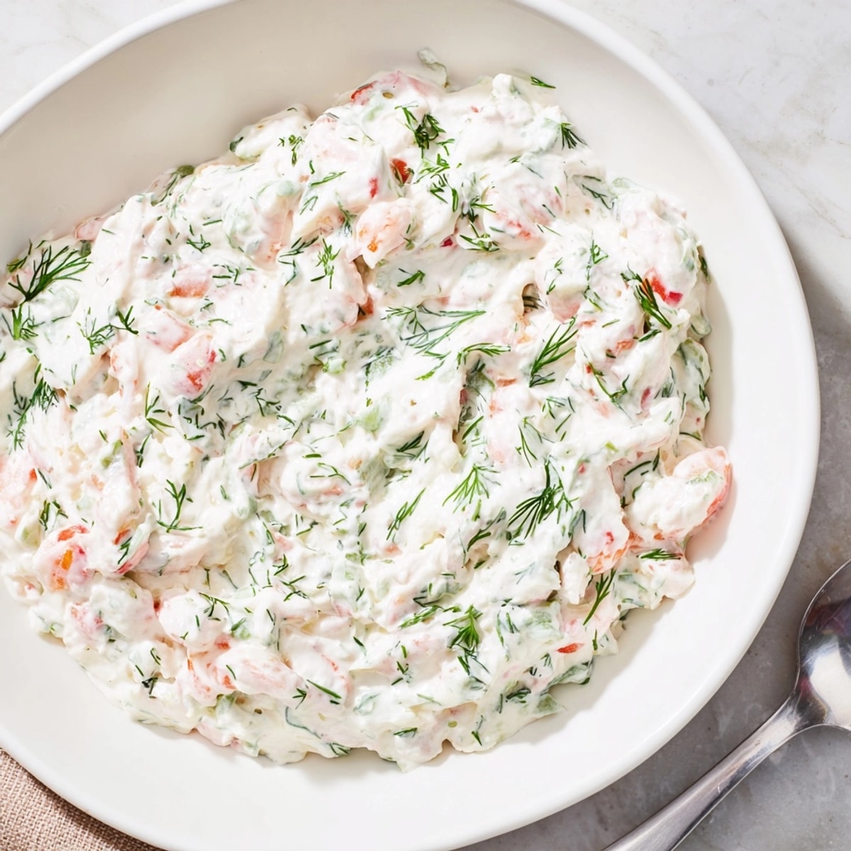 Top-down photo: Chilled Shrimp Dill Yogurt Dip with crackers, a fresh, light appetizer.