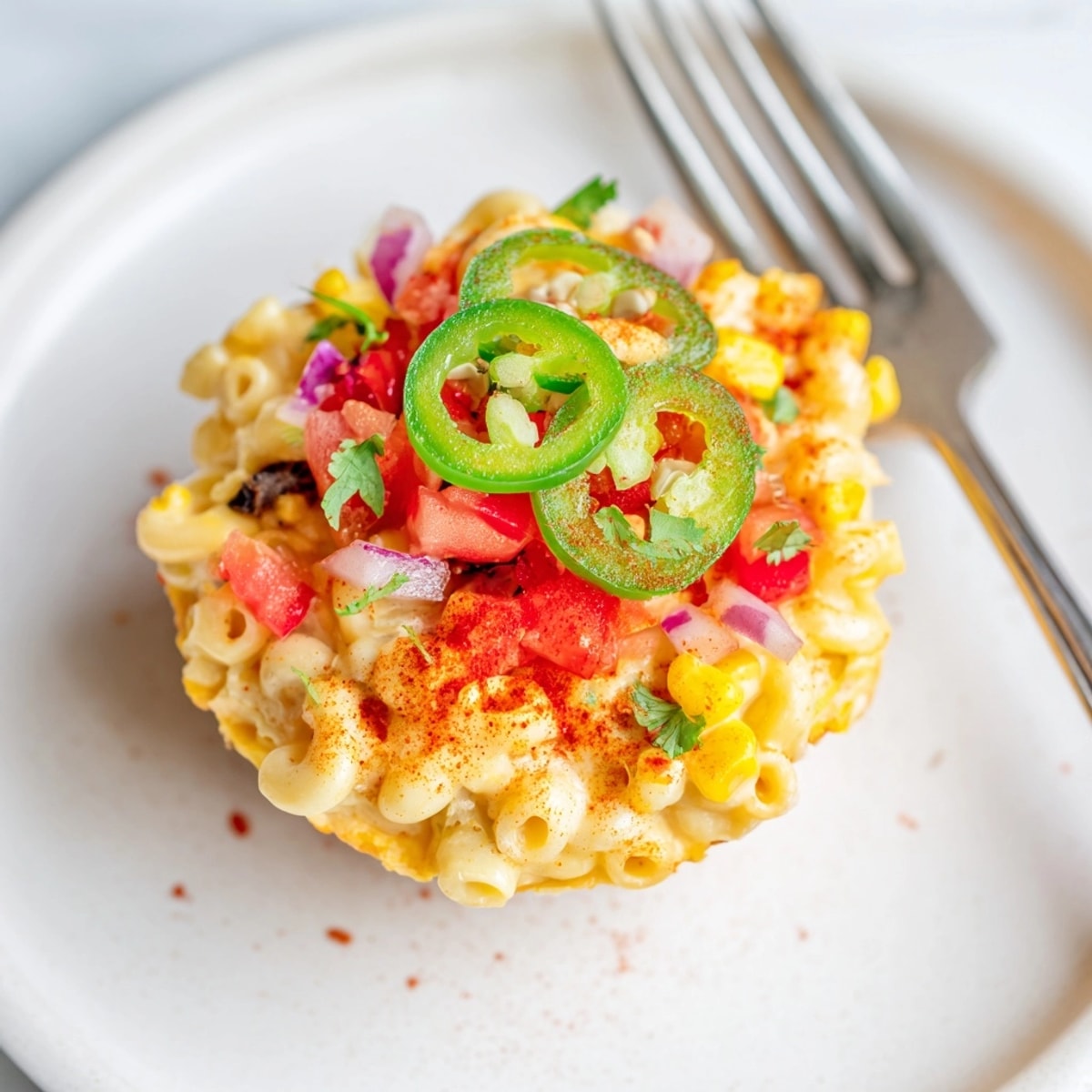 Warm, comforting Mac and Cheese Taco Egg Muffins served, topped with cool salsa and cilantro.