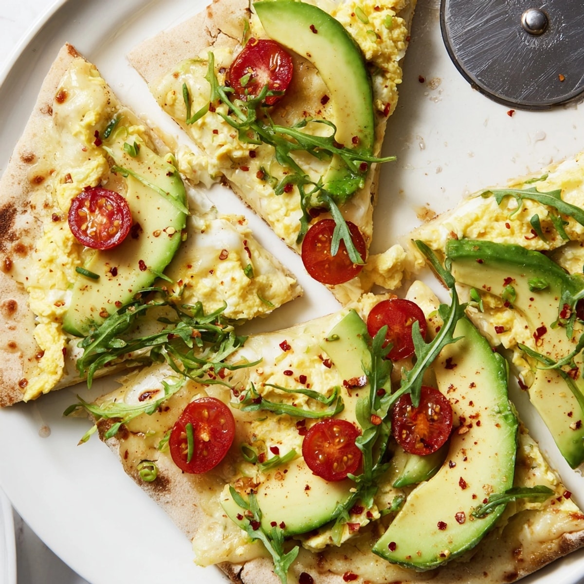 Close-up of a golden avocado scrambled egg breakfast pizza, melty cheese bubbling.