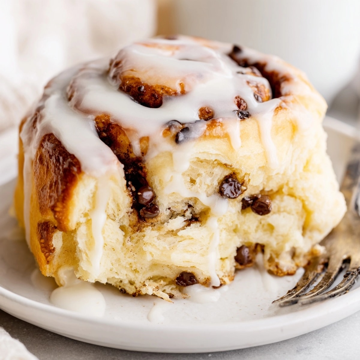 Golden-brown Protein Cookie Dough Sweet Rolls, fresh from the oven, drizzled with vanilla glaze.