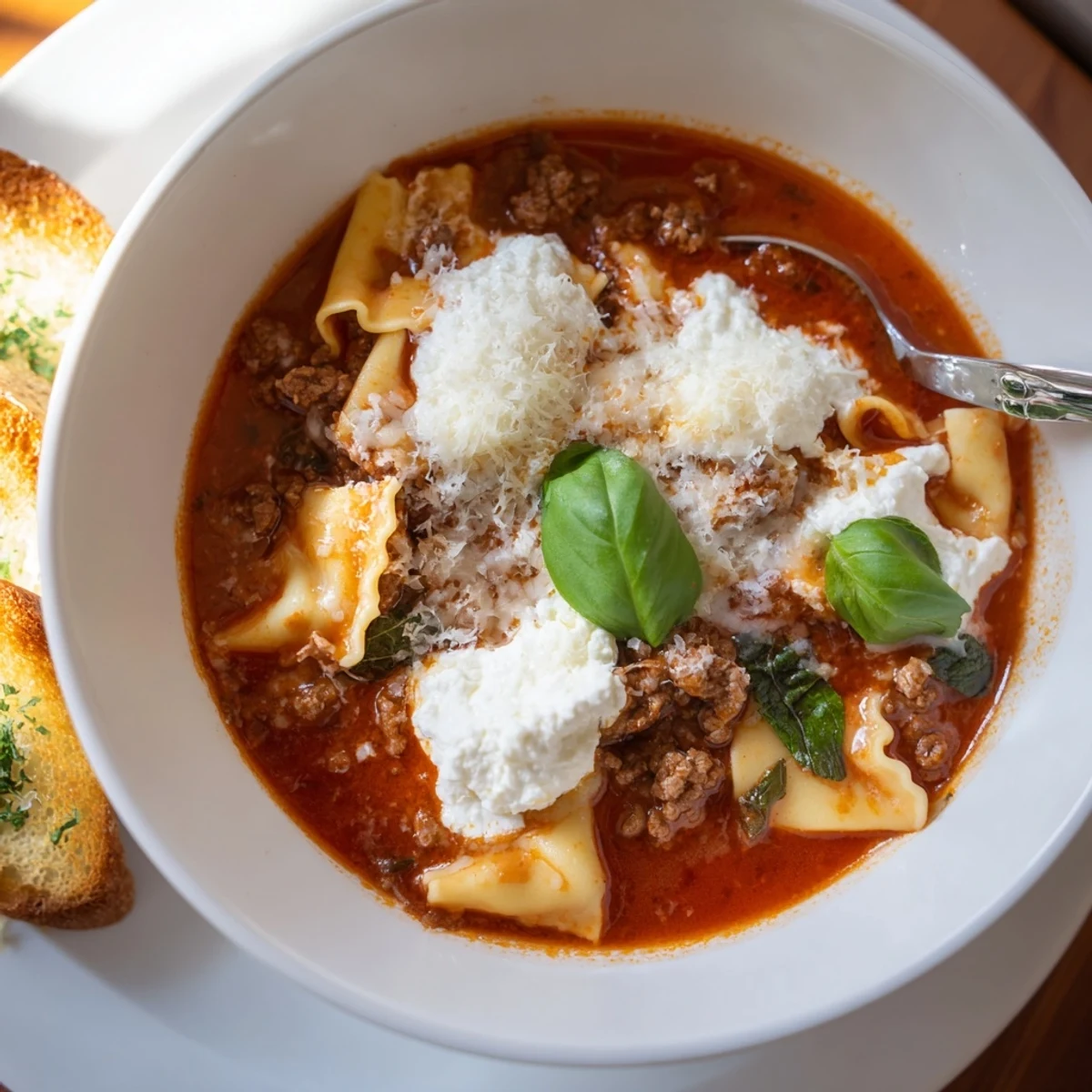 Hearty Lasagne Soup in a bowl, topped with creamy ricotta and fresh basil.  