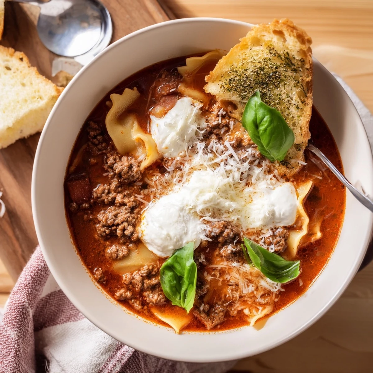 Golden cheesy garlic toast served alongside comforting Lasagne Soup for delicious dipping.  