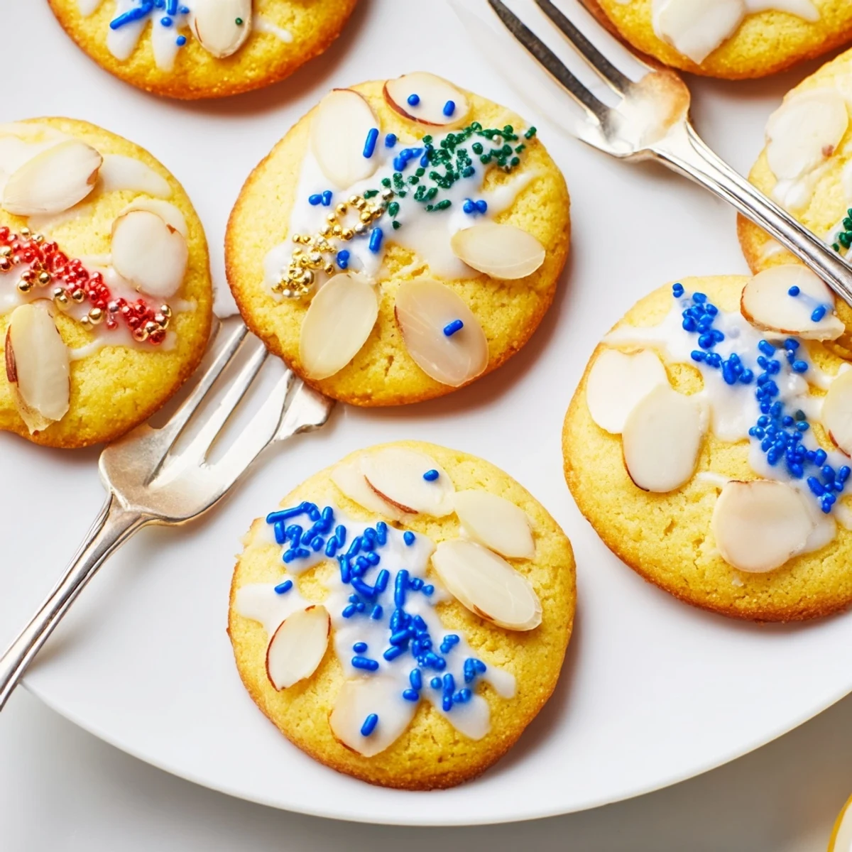 Delicate Festive Hanukkah Almond Christmas Cookies topped with vibrant sprinkles and sliced almonds.  