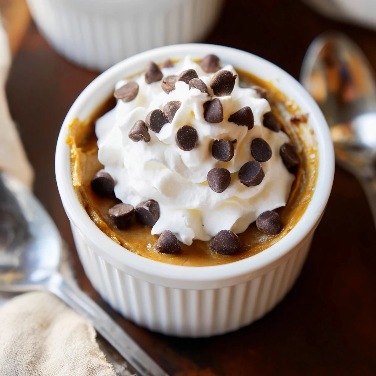 Warm Thanksgiving Chocolate Chip Pumpkin Pudding with melting chocolate, perfect for autumn gatherings.