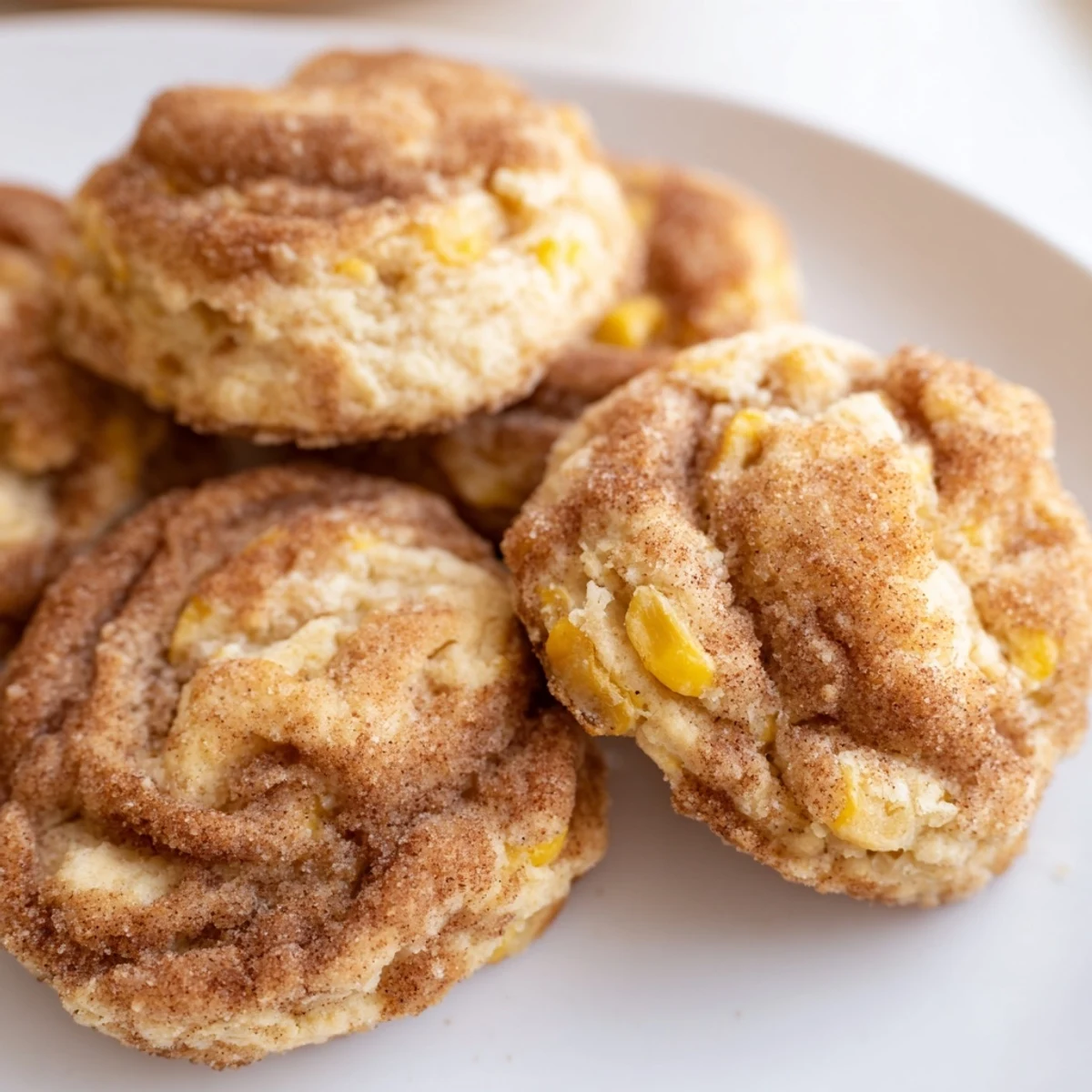 Fluffy Cinnamon Sugar Sweet Corn Biscuits, drizzled with melted butter, perfect for breakfast.  