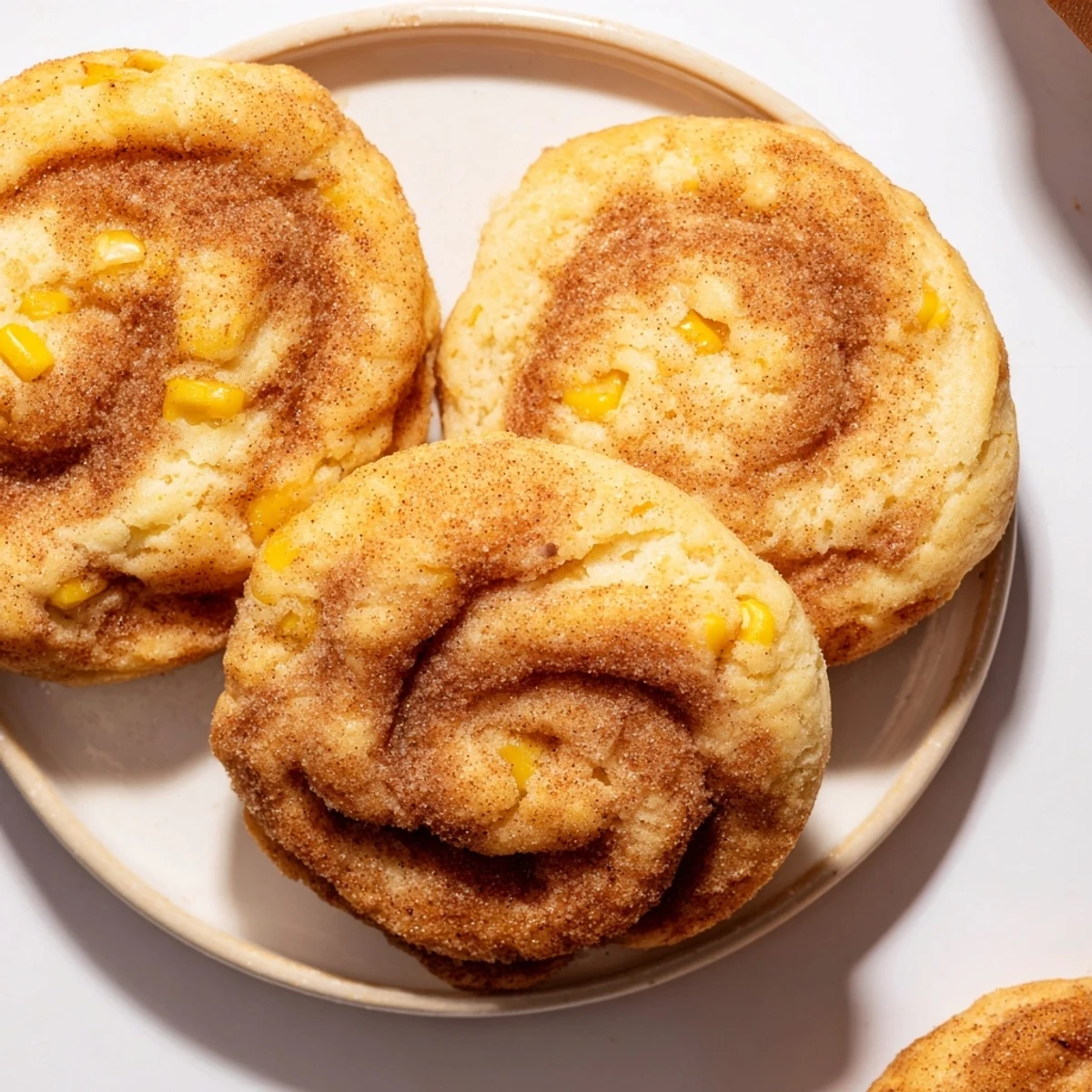 Warm and golden Cinnamon Sugar Sweet Corn Biscuits, ideal for a cozy snack time.  