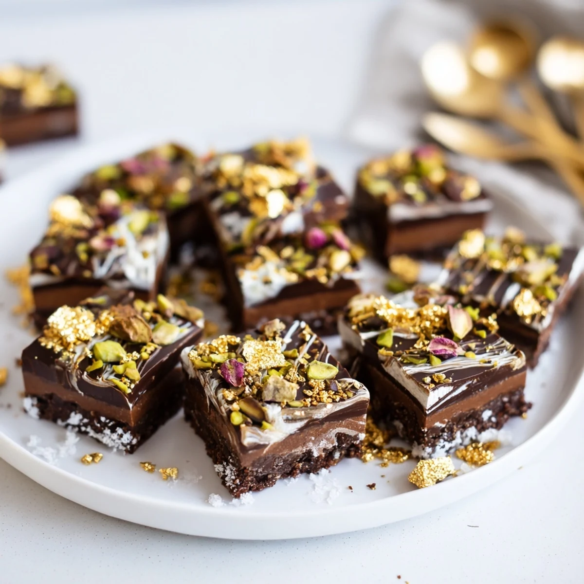 Indulge in luxurious chocolate bar inspired creations topped with rose petals.  