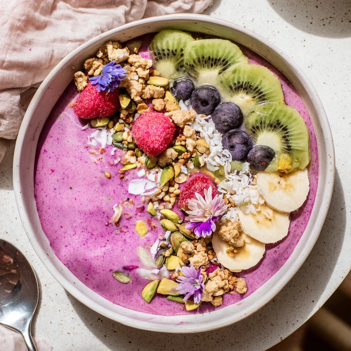 Vibrant Smoothie Bowls with Unexpected Twists topped with fresh kiwi and crunchy granola.  