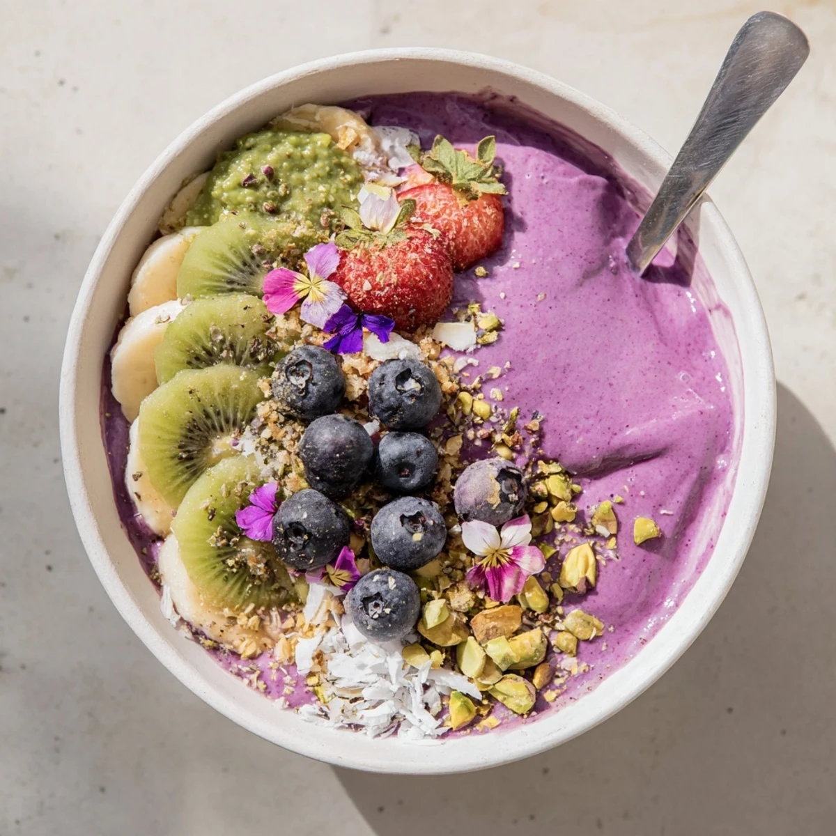 Colorful Vibrant Smoothie Bowls with Unexpected Twists, featuring berries and edible flowers.  