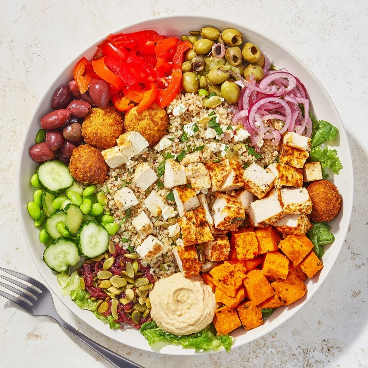 A vibrant display of customizable bowls packed with grains, proteins, and fresh toppings.