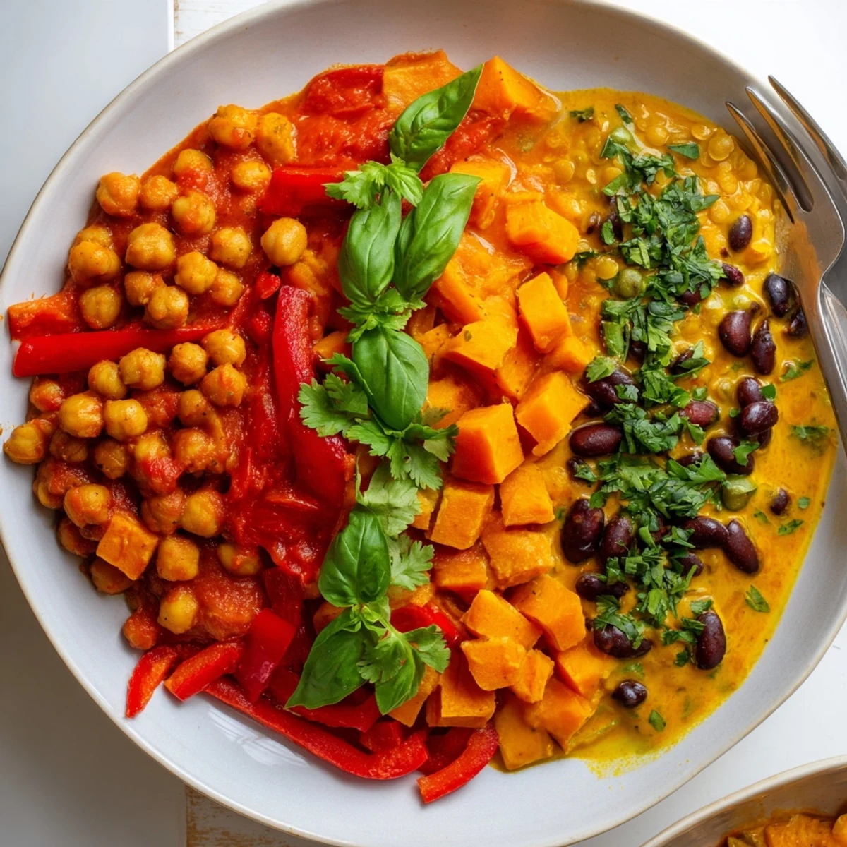 A colorful bowl of Thai Red Lentil Curry with coconut milk and fresh basil on top.  