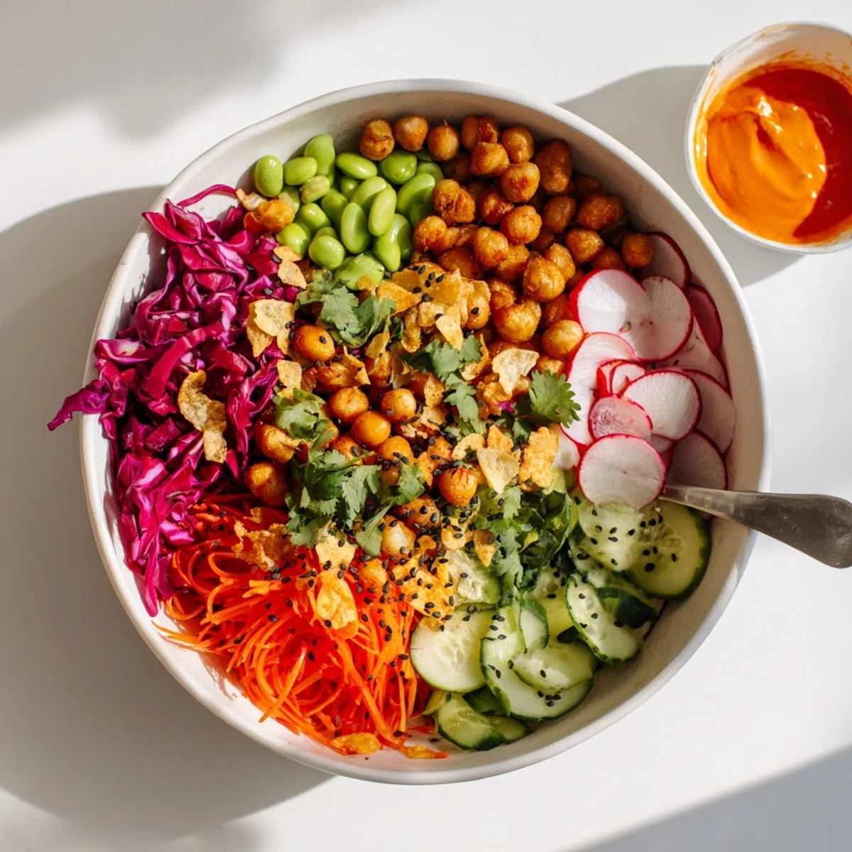 A colorful ASMR Crunch Snack Bowl overflowing with vibrant vegetables and crispy toppings.  