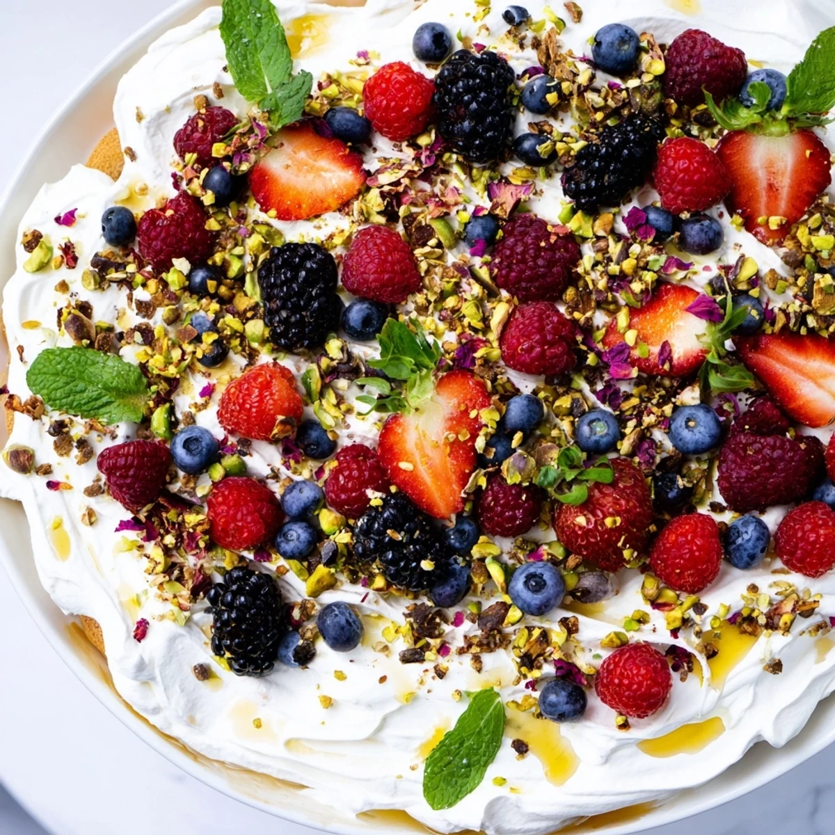 Whipped cream cheese Butter Board Dessert surrounded by colorful mixed berries and nuts.  