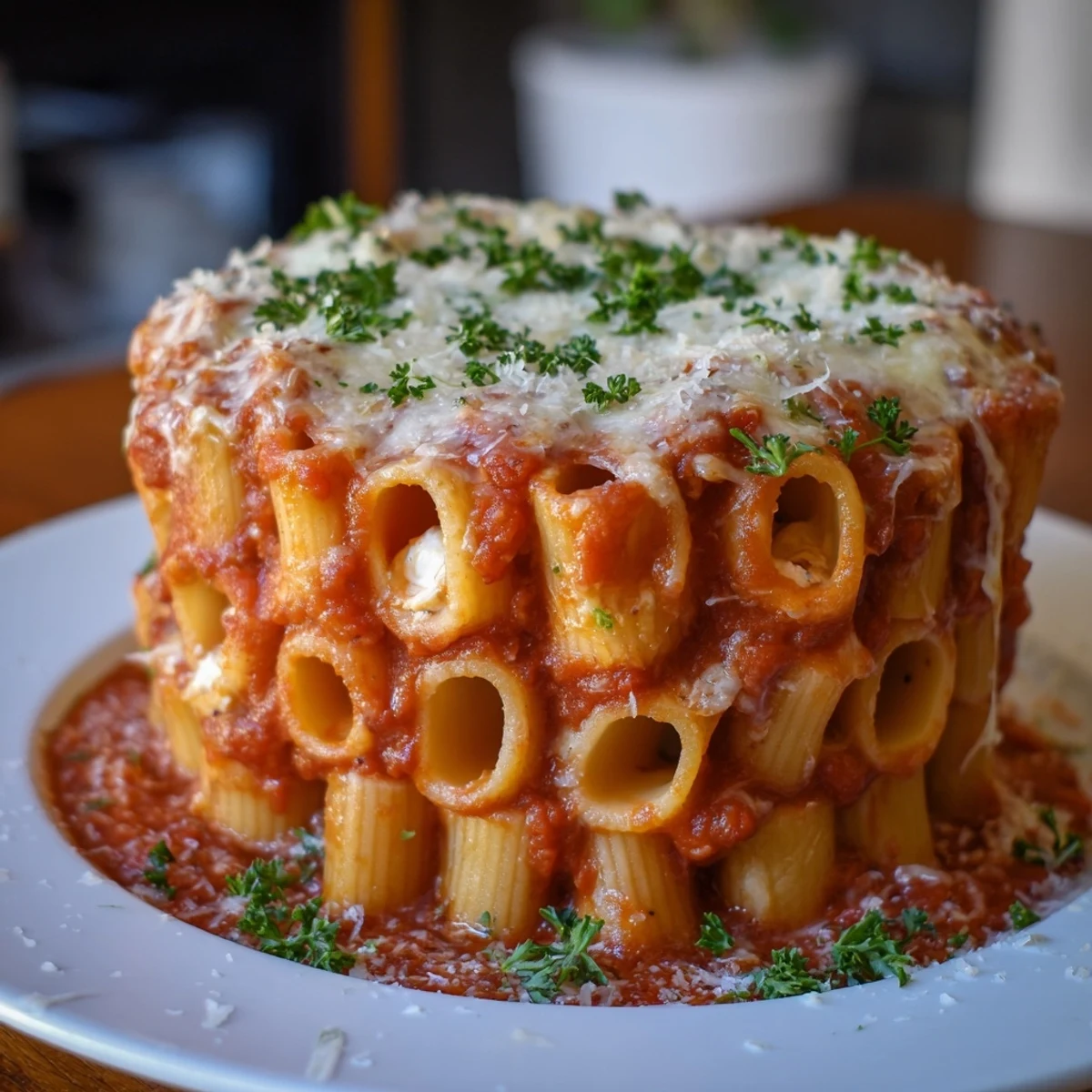 Vibrant honeycomb pasta cake filled with rich tomato sauce and creamy cheese.  