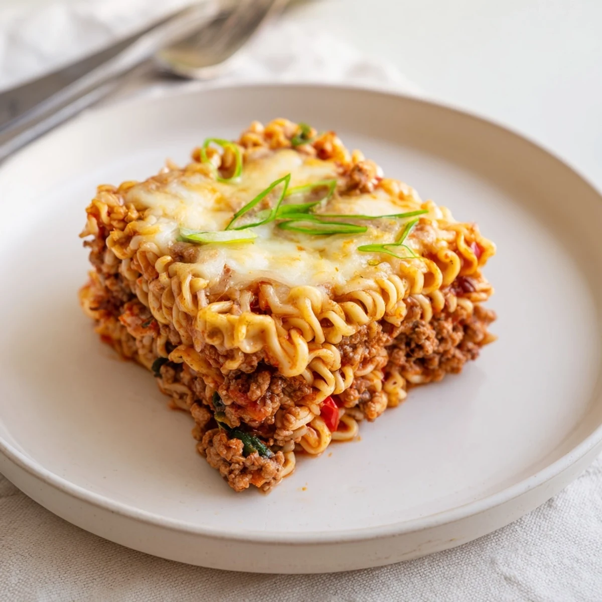 Spicy Ramen Lasagna with layers of savory pork, creamy cheese, and vibrant sauce. 